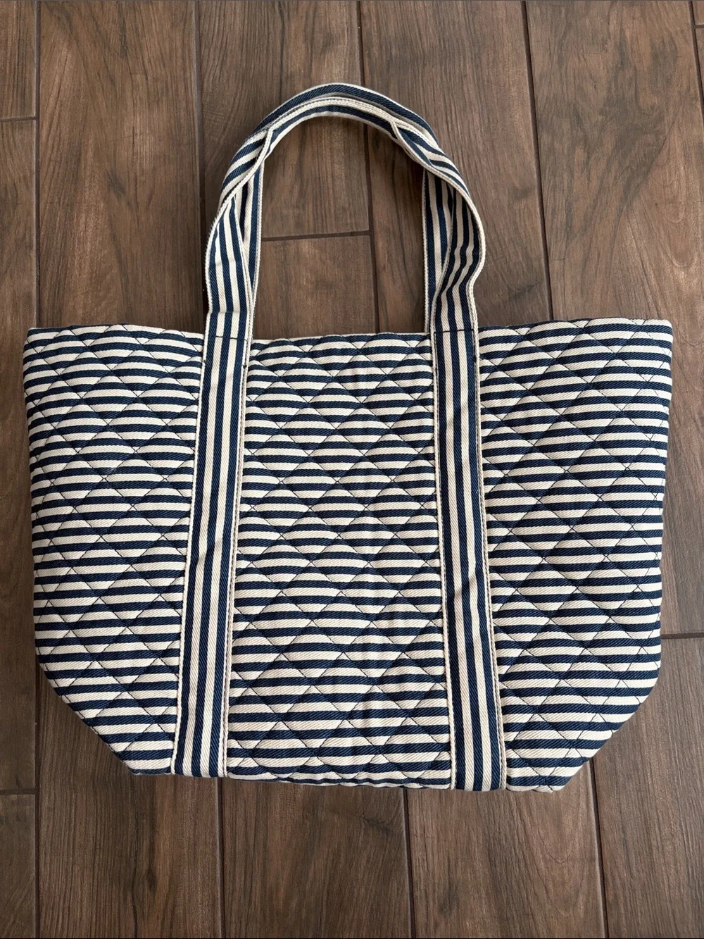 Madden Girl Navy and White Quilted Striped Tote with Bright Yellow Green Accent